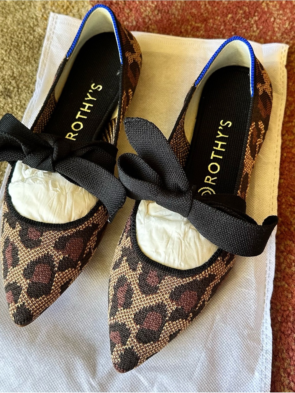 Rothy’s The Mary Jane Flats Leopard Wildcat Bow Pointed Toe 8 NWOB #214